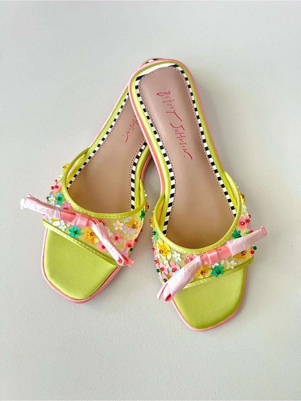 Betsey Johnson Lime & Pink Floral Bow Flat Slide Sandals